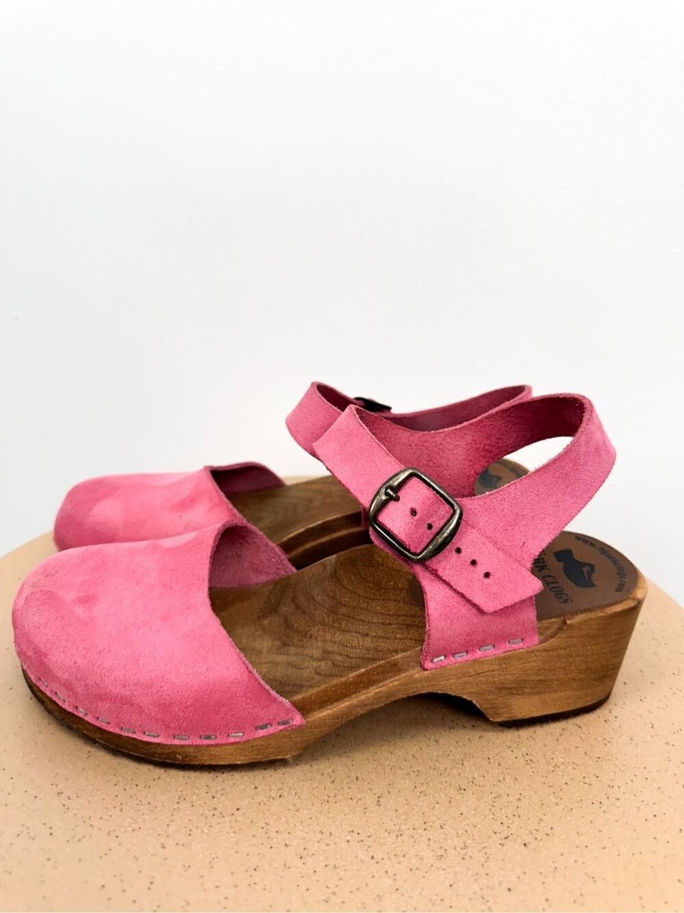 Bjork Women’s Alma Swedish Pink Nubuck Leather Mary Jane Wood Clog Sandal
